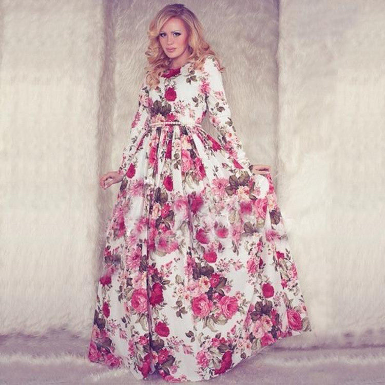 Women Casual Floral Printed Long Sleeve Long Dress - MeetYoursFashion - 1