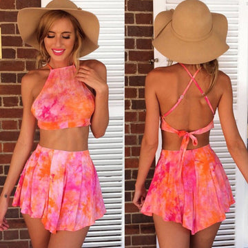 Print Backless Crop Top with Shorts Two Pieces Dress Set - Meet Yours Fashion - 1