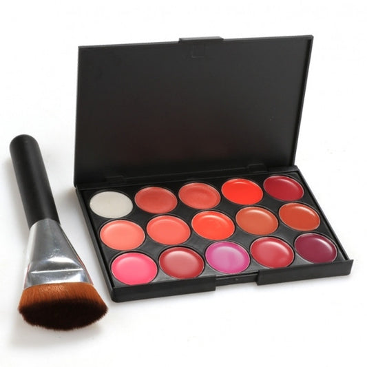 Hot 15 Color Lip Gloss Makeup Cosmetics Glossy Lip Make Up Palette + Brush Set