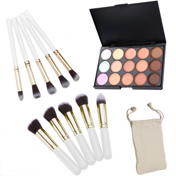 Professional 15 Colors Makeup Face Cream Concealer Palette + 10 PCS Cosmetic Brushes Kit Set