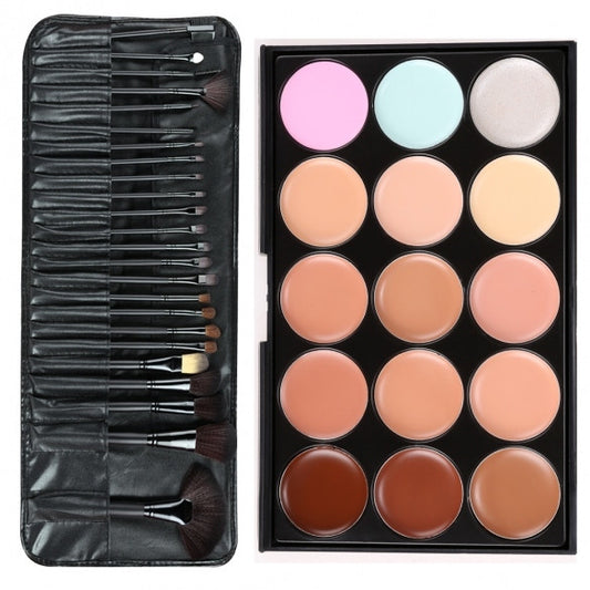 Professional 15 Colors Makeup Face Cream Concealer Palette + 24 PCS Cosmetic Brushes Kit Set