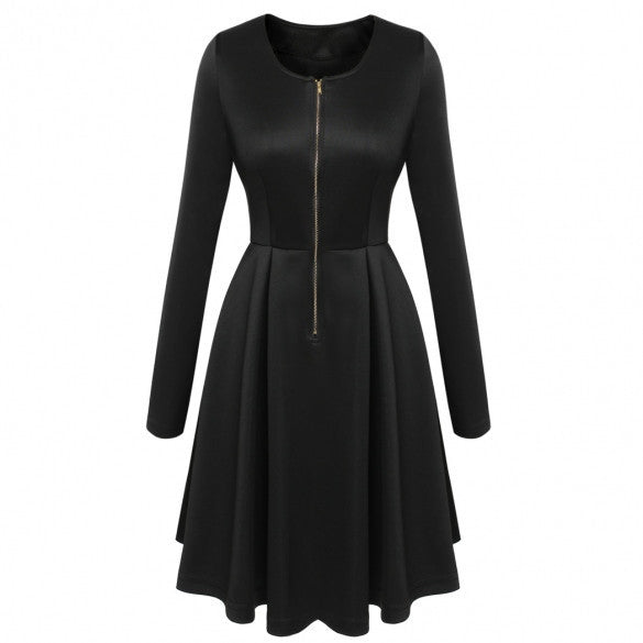 Long Sleeves Zipper High Waist Pleated Little Black Dress - MeetYoursFashion - 3