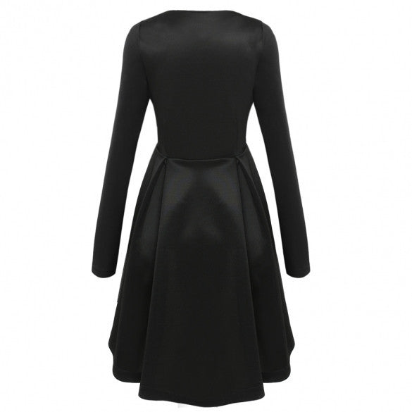 Long Sleeves Zipper High Waist Pleated Little Black Dress - MeetYoursFashion - 4