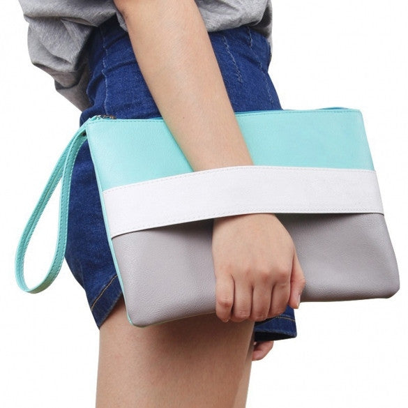 Fashion Lady Women's Artificial Leather Contrast Color Zipper Packet Hand Bag Clutch Bag