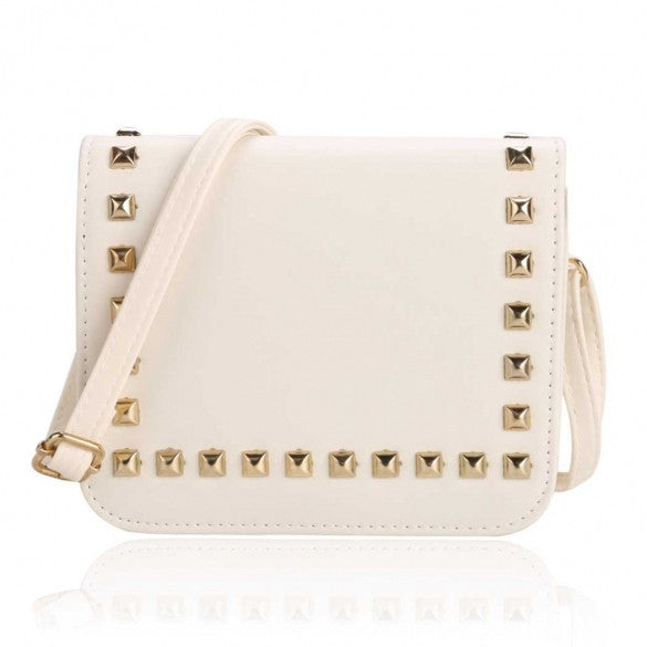 New Women Synthetic Leather Messenger Bag Rivets Decor Flap Hard Casual Party Shoulder Bag