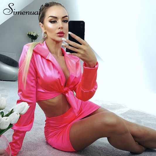 Sexy Fashion Satin Matching Sets Women V Neck Party Hot Silk 2 Piece Outfits Long Sleeve Bandage Crop Top And Skirt Set