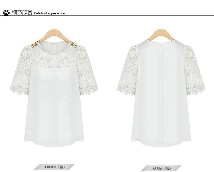 Lace Patchwork Short Sleeves Scoop Hollow Out Chiffon Blouse - Meet Yours Fashion - 7