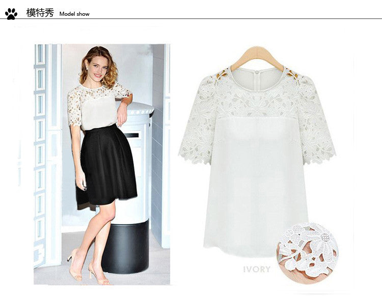Lace Patchwork Short Sleeves Scoop Hollow Out Chiffon Blouse - Meet Yours Fashion - 2