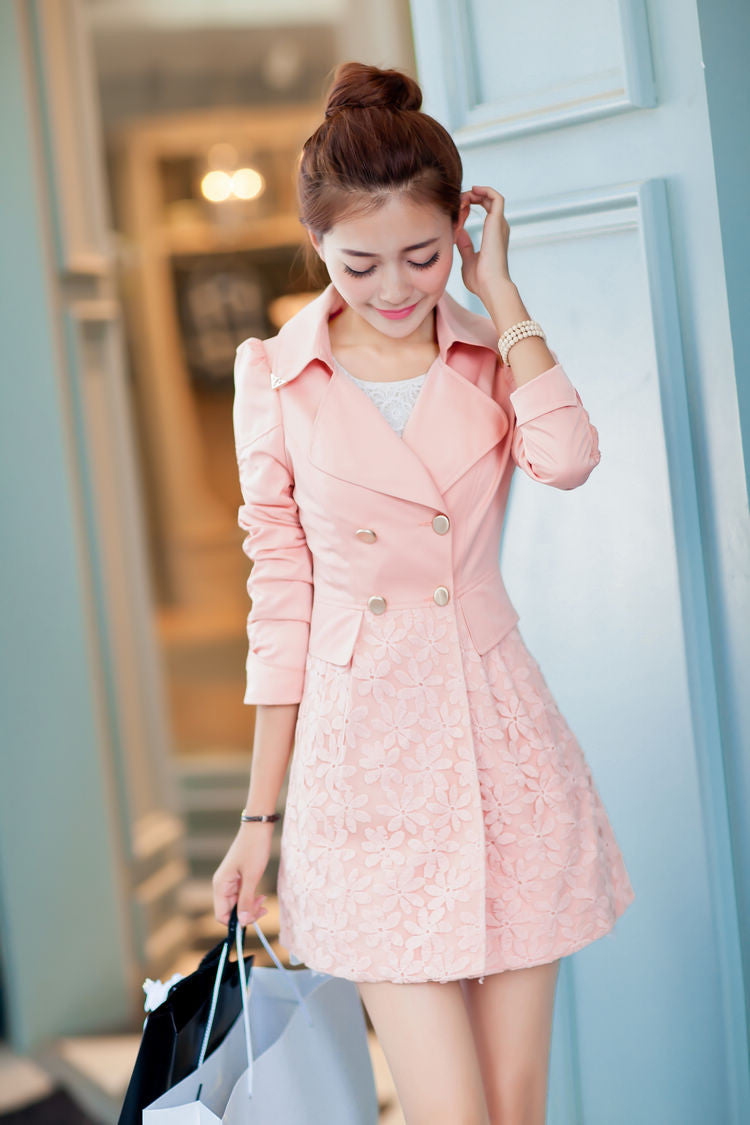 Lace Patchwork Turn-down Collar Slim Button Mid-length Coat - Meet Yours Fashion - 4