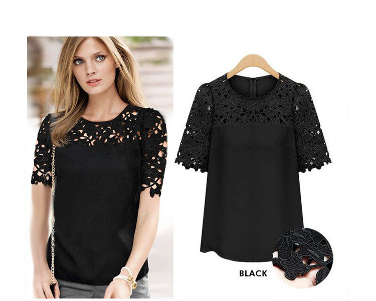Lace Patchwork Short Sleeves Scoop Hollow Out Chiffon Blouse - Meet Yours Fashion - 5