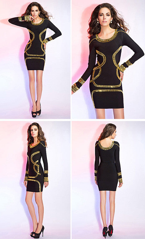 Gold Foil Long Sleeves Tunic Party Bodycon Dress - MeetYoursFashion - 10