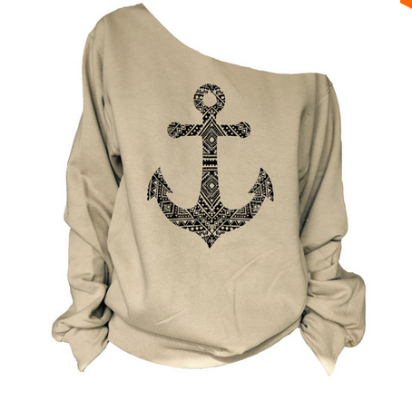 Fashion Anchor Print Skew Neck Sweatshirt T-shirt - MeetYoursFashion - 2