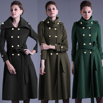 Stand Collar Button Belt Pleated Long Coat - Meet Yours Fashion - 2