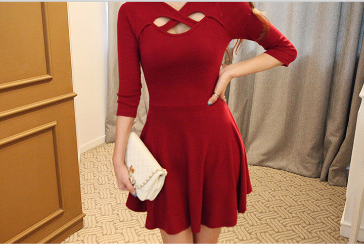 Hollow Out 3/4 Sleeve Bodycon Pleated Dress - MeetYoursFashion - 5