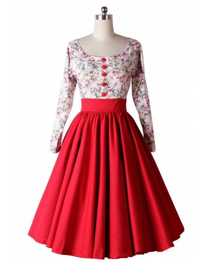 Retro Hepburn Floral Print Patchwork Long Sleeves Dress
