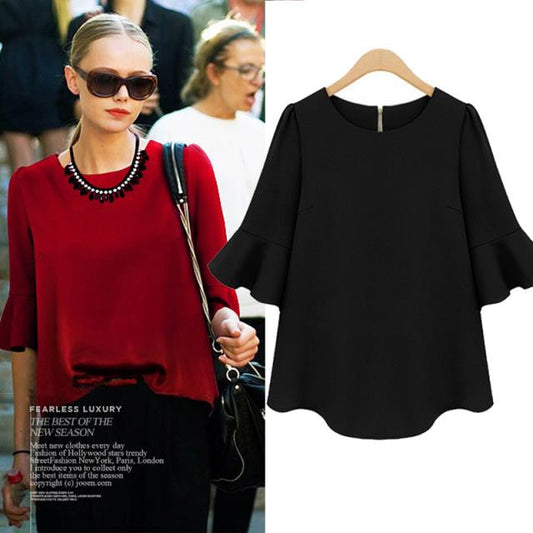 1/2 Bell Sleeves Pure Color Fashion Slim Blouse