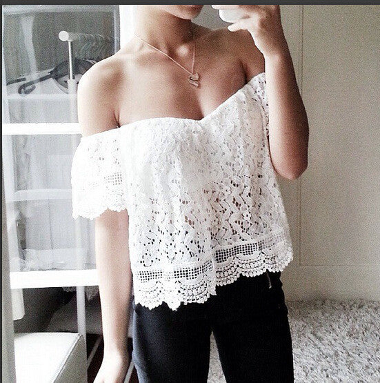 Strapless Off-shoulder Lace Hollow Out Casual Short Sleeves Blouse