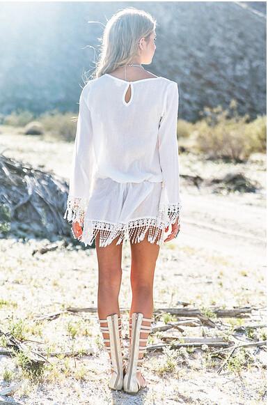 Sexy Long Sleeves V-neck Fringe Beach Cover Up Dress - Meet Yours Fashion - 3