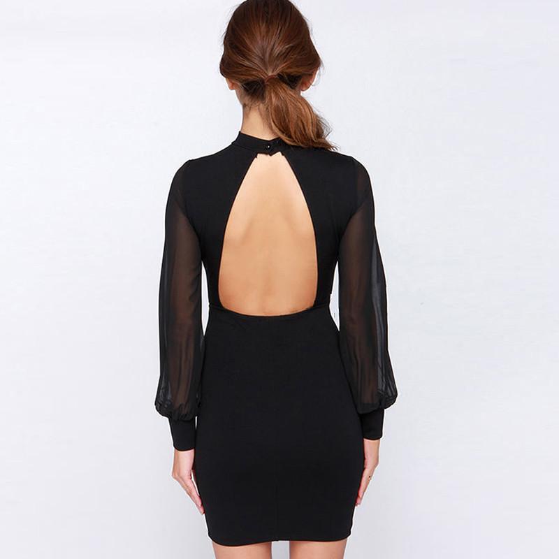Slim Pure Color Splicing Backless Long sleeve Short Dress - Meet Yours Fashion - 5