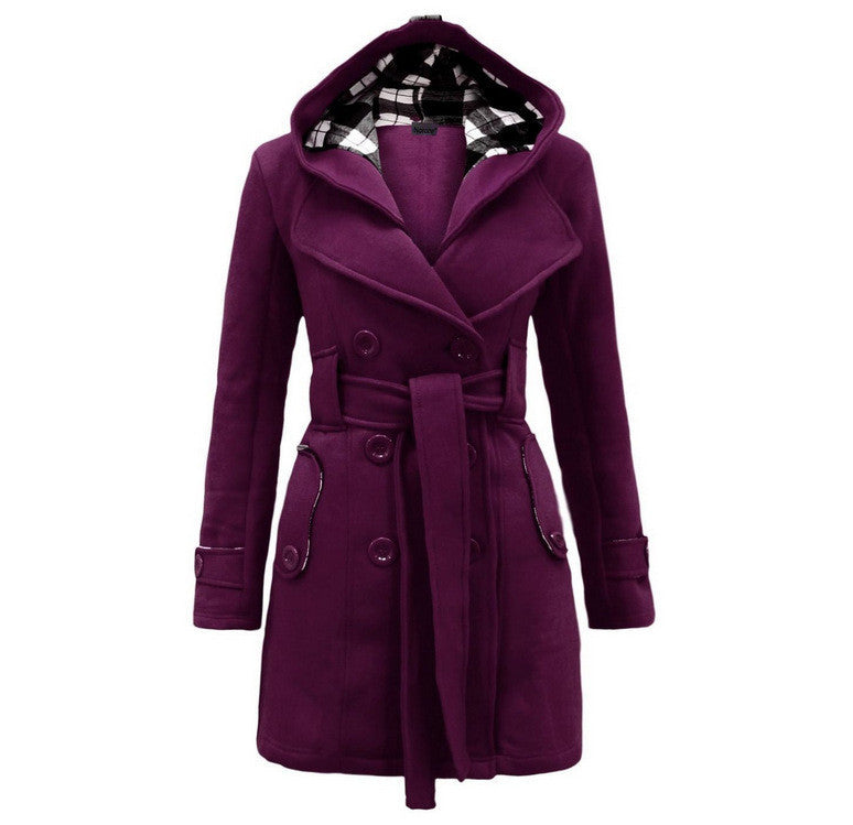 Plus Size Double Breasted Long with Belt Hooded Coat - MeetYoursFashion - 8