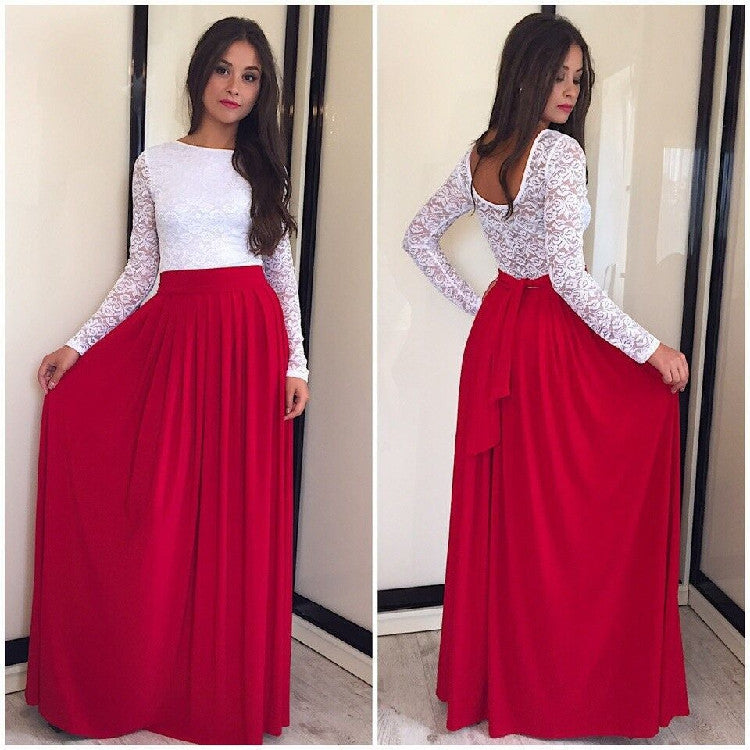 Lace High-waist Pleated Splicing Long Dress - Meet Yours Fashion - 2