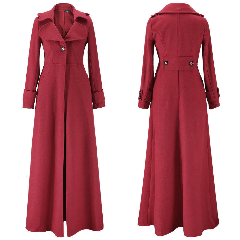 Turn-down Collar Woolen Slim Full Length Coat