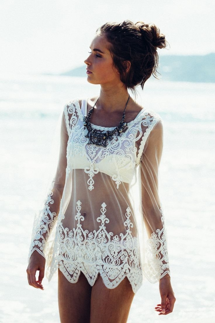 Lace Transparent Long Sleeves Beach Bikini Cover Up Dress - Oh Yours Fashion - 3