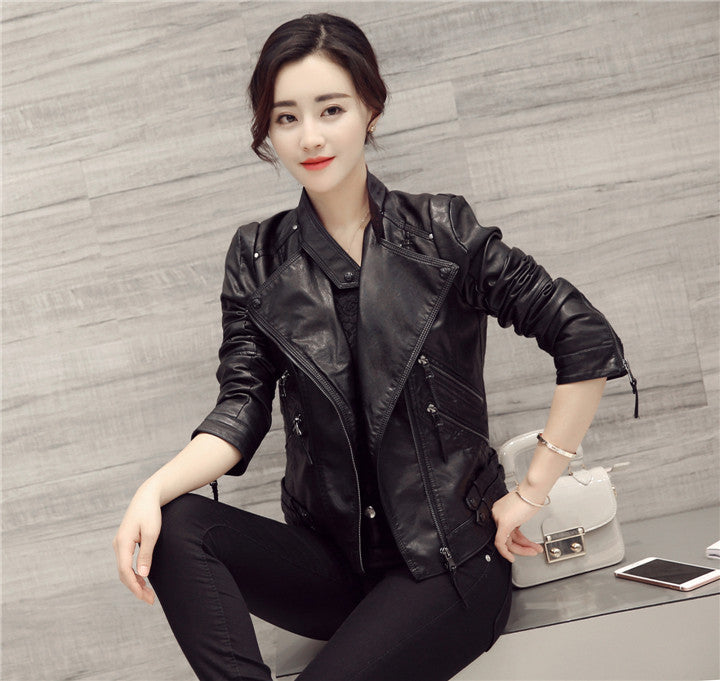 Black Oblique Zipper Slim Stand Collar Crop Jacket - Meet Yours Fashion - 4