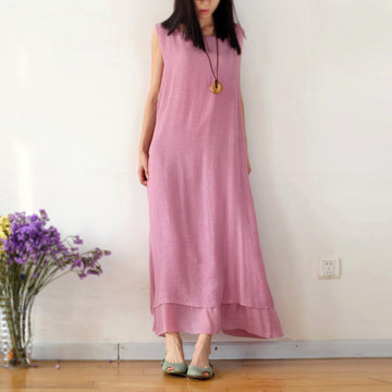 Pure Color Loose O-neck Sleeveless Long Dress - Meet Yours Fashion - 2