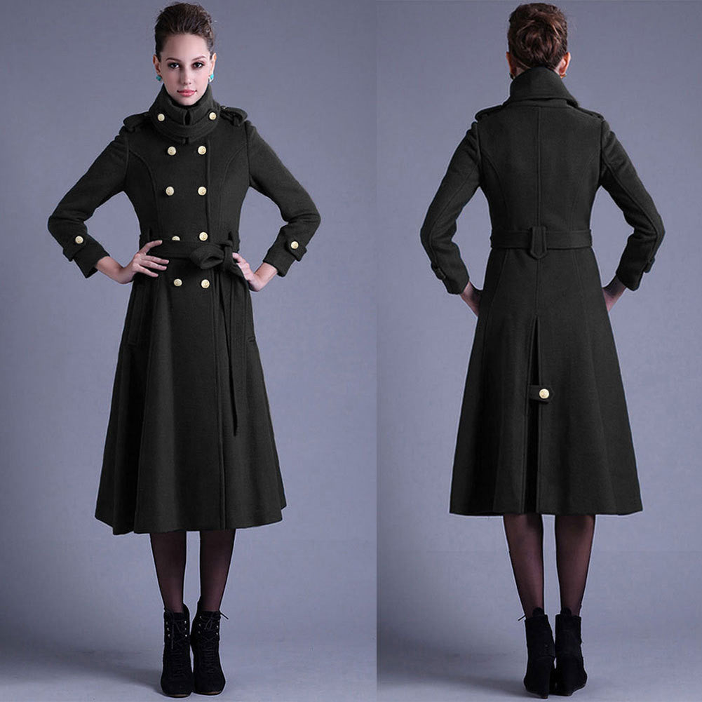 Stand Collar Button Belt Pleated Long Coat - Meet Yours Fashion - 5