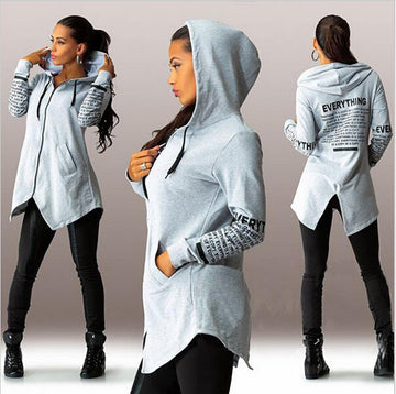 Hooded Split Letter Print Zipper Long Coats - Meet Yours Fashion - 2