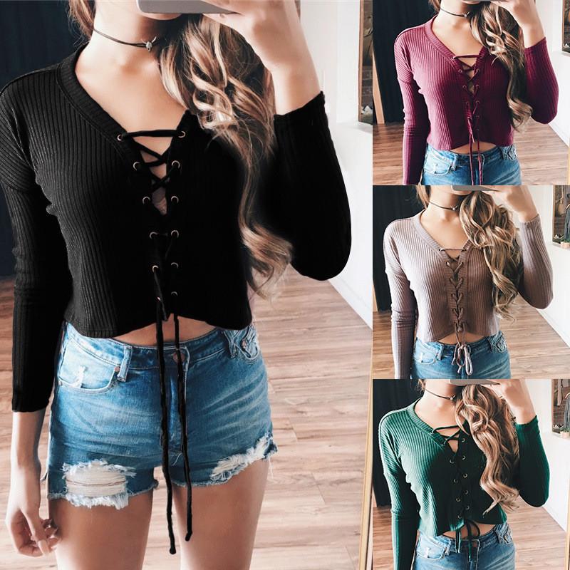 Pure Color Stretchy Ribbed-Knit Lace Up Blouse