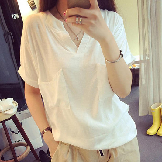 V-neck Short Sleeves Casual Plus Size Pure Color Blouse