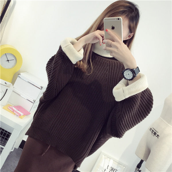 Korean Solid Color Knit Big Pullover Splicing Sweater - Meet Yours Fashion - 2