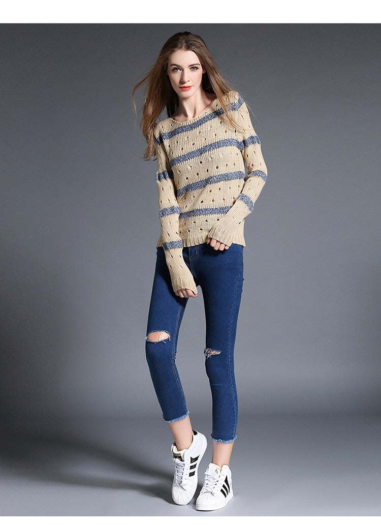 Fashion Stripe Hollow Out Pullovers Knitwear Sweater