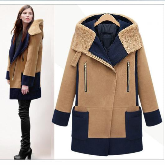 Plus Size Turn Down Color Splicing Long Wool Coat - Meet Yours Fashion - 1