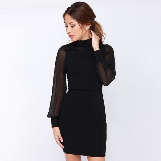 Clearance Slim Pure Color Splicing Backless Long sleeve Short Dress