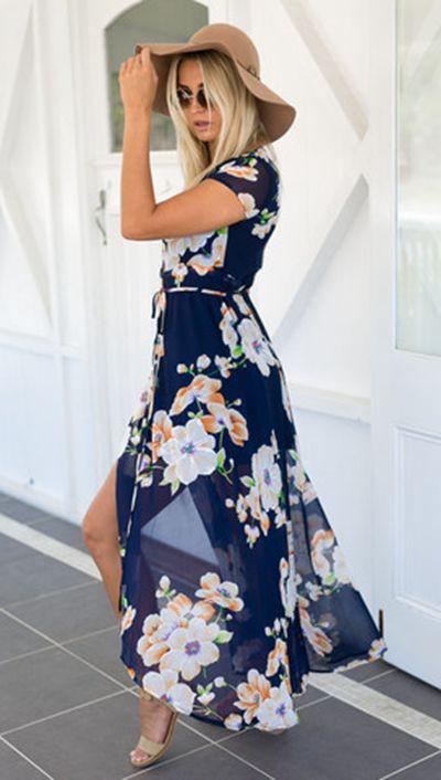 Deep V-neck Print Slim Dress Short Sleeves Long Dress - Meet Yours Fashion - 5