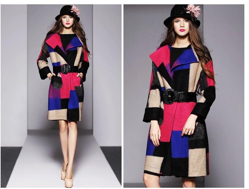 Splicing Plaid Long Woolen Coat - Meet Yours Fashion - 3