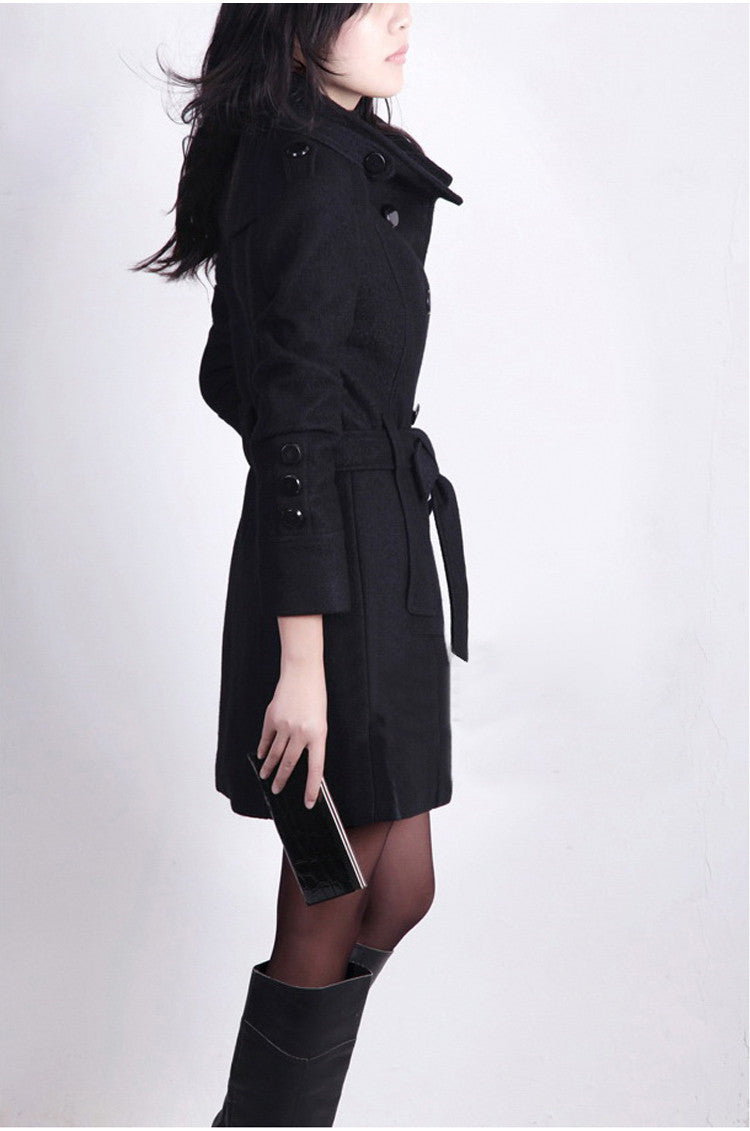 Double Breasted Stand Collar Belt Slim Long Plus Size Coat - Meet Yours Fashion - 5