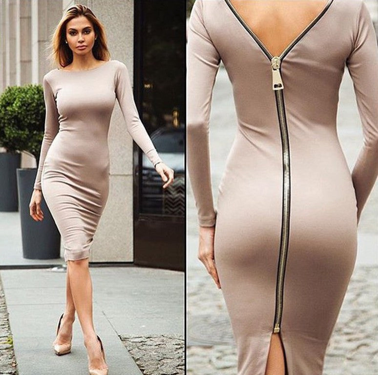 Zipper Long Sleeve Pure Color O-neck Knee-Length Dress