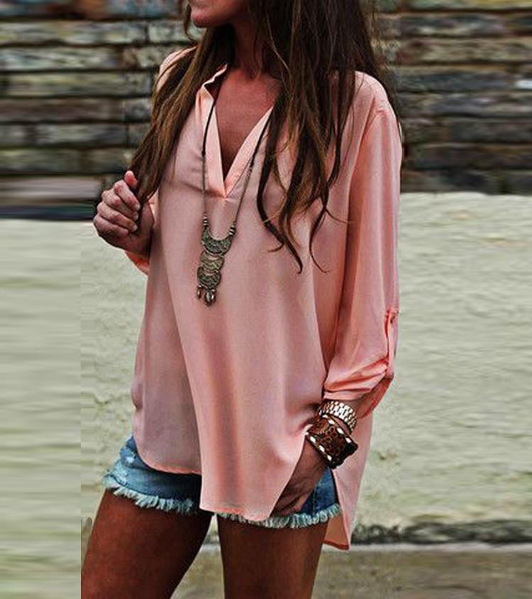 V-neck Long Sleeves Casual Sexy Chiffon Blouse - Meet Yours Fashion - 2