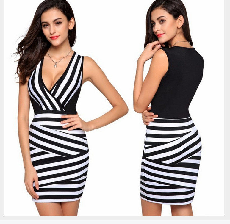 Sexy  Deep V Sleeveless Black and white striped slim Dress