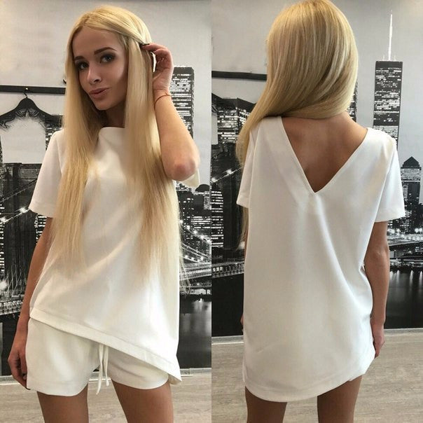 Short Sleeves Pure Color Blouse Shorts Two Pieces Suits - Meet Yours Fashion - 2