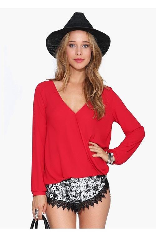 V-neck Long Sleeves Casual Plus Size Chiffon Blouse - Meet Yours Fashion - 5