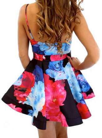 Floral Printing Straps Padded Short Dress - Meet Yours Fashion - 4