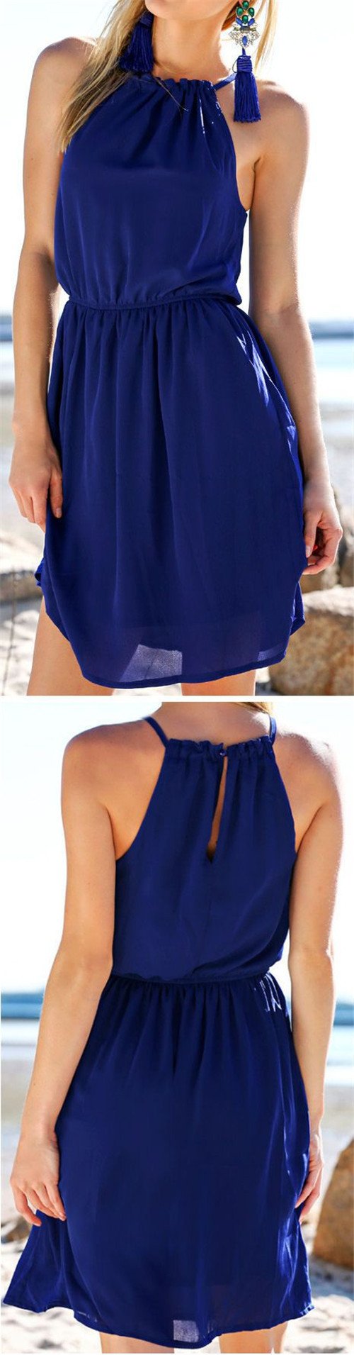 Pure Color O-neck Backless Sleeveless Short Dress - Meet Yours Fashion - 2