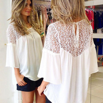 Hollow Lace Patchwork Casual Loose 3/4 Sleeves Chiffon Blouse - Meet Yours Fashion - 2
