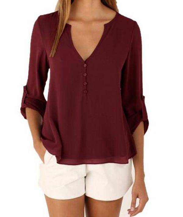V-neck Long Sleeves Loose Plus Size Chiffon Blouse - Meet Yours Fashion - 3