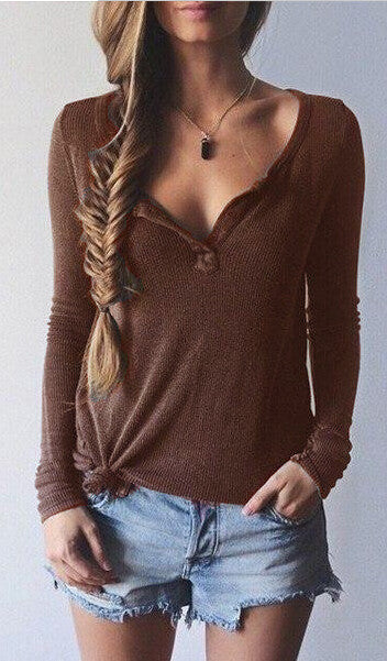 Ribbed Knit V-neck Pure Color Long Sleeves Sweater - Meet Yours Fashion - 5